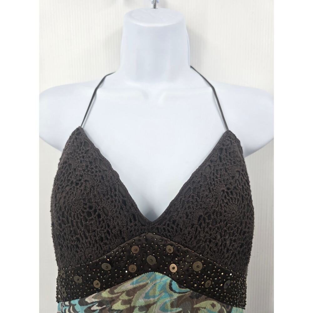 Laundry Shelli Segal Vintage Y2K Halter Maxi Dress Silk Beaded Crochet Boho 10 - Picture 5 of 14